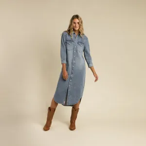 Annie Pearl Snap Denim Shirt Dress for Country Girls at Bourbon Cowgirl