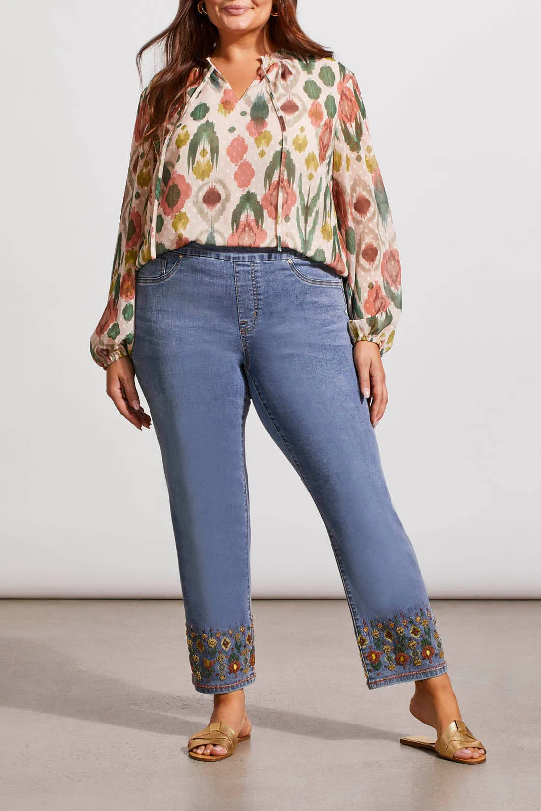 Audrey Pull On Straight Ankle Jeans With Beading