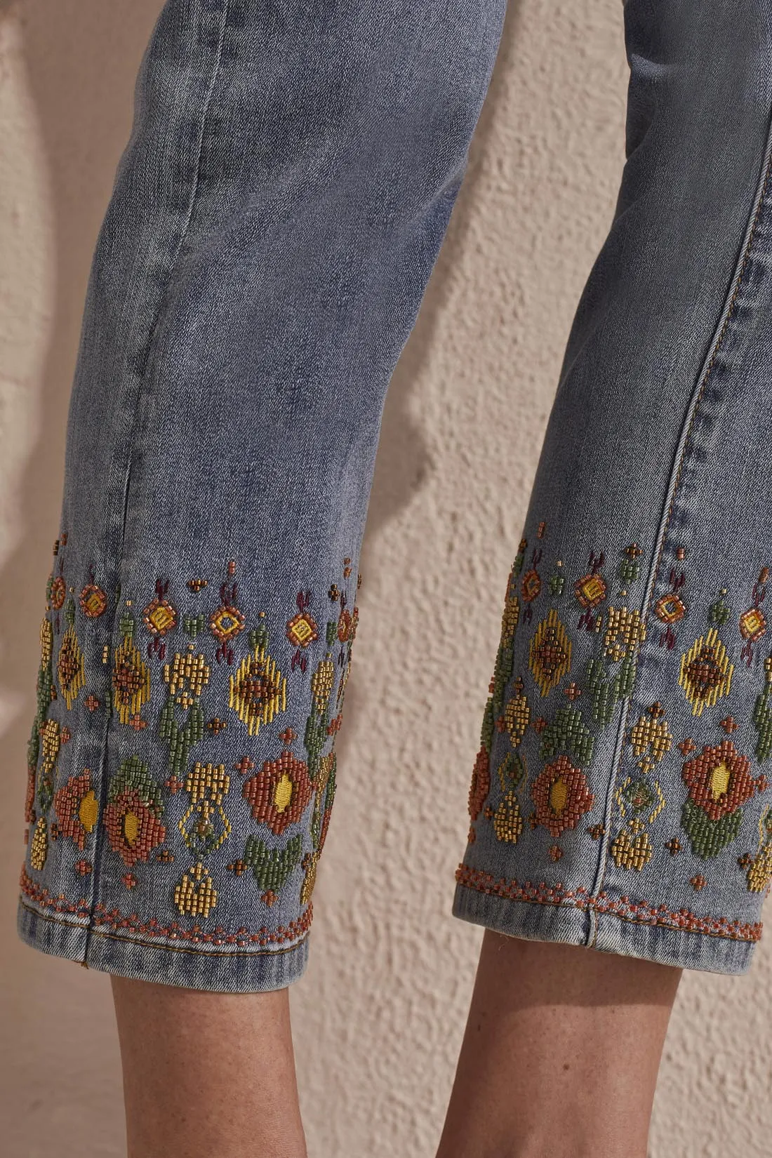 Audrey Pull On Straight Ankle Jeans With Beading