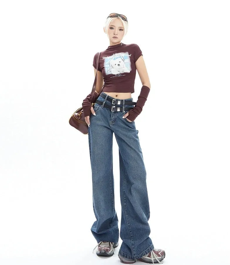 Double-Belted Wide-Leg Faded Denim Jeans