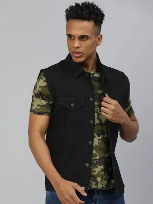 Men's Black Regular Fit Washed Sleeveless Denim Jacket