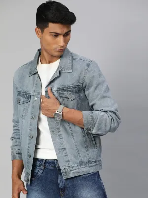 Men's Light Grey Solid Regular Fit Washed Full Sleeve Denim Jacket