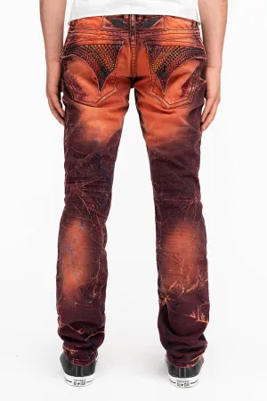 MENS LONG FLAP SLIM JEANS WITH CRYSTALS IN 4D LIGHT MALBEC WASH