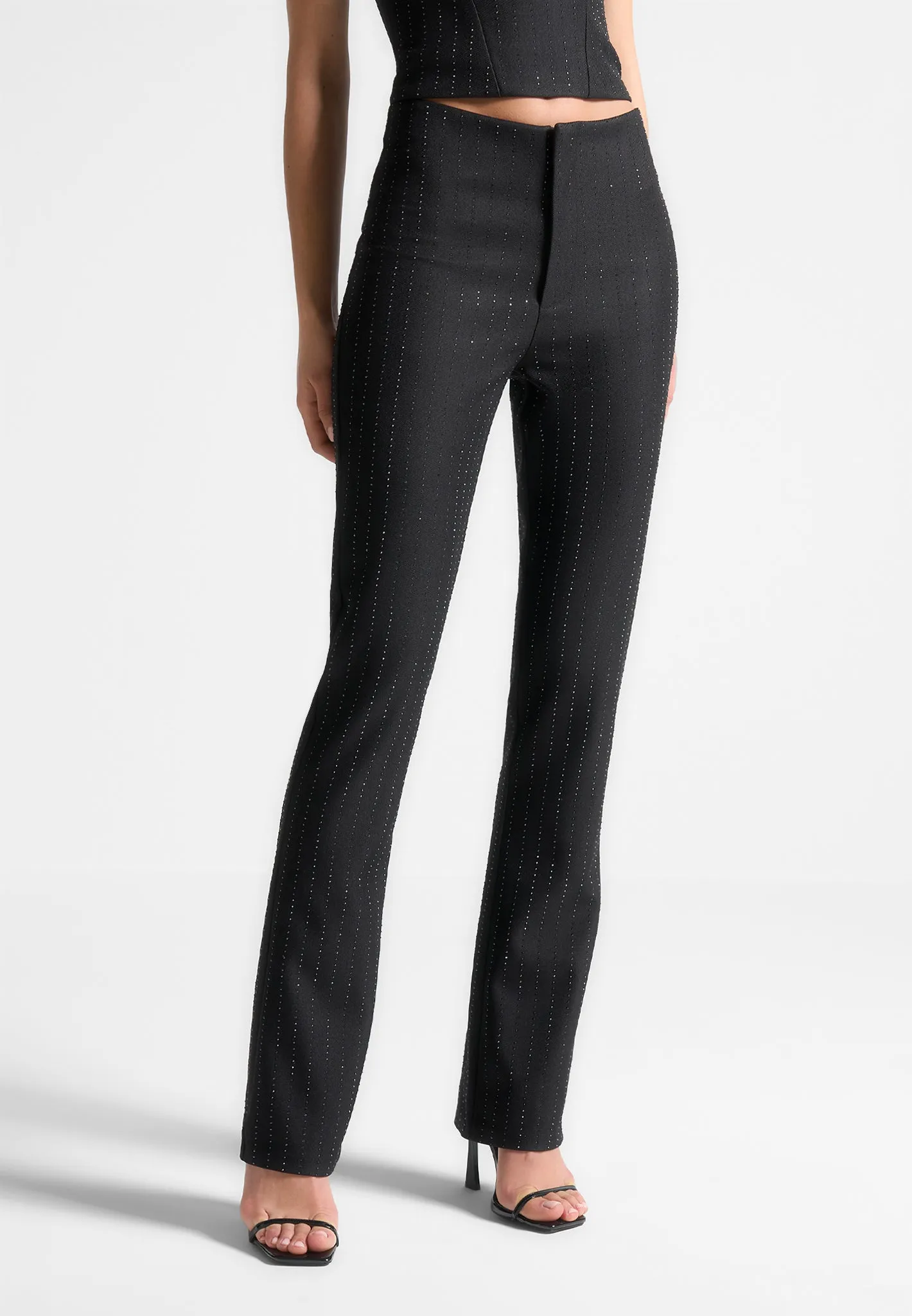 Rhinestone Tailored Straight Leg Trousers - Black