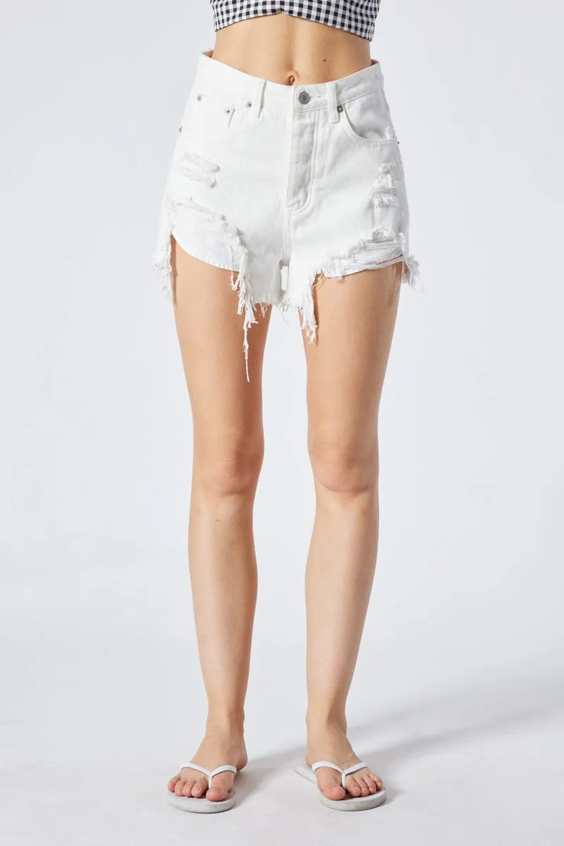 WHITE DISTRESSED DENIM SHORTS