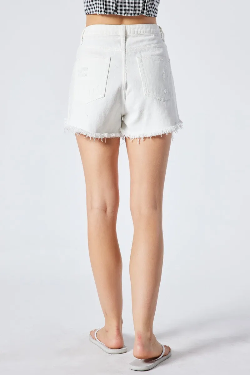 WHITE DISTRESSED DENIM SHORTS